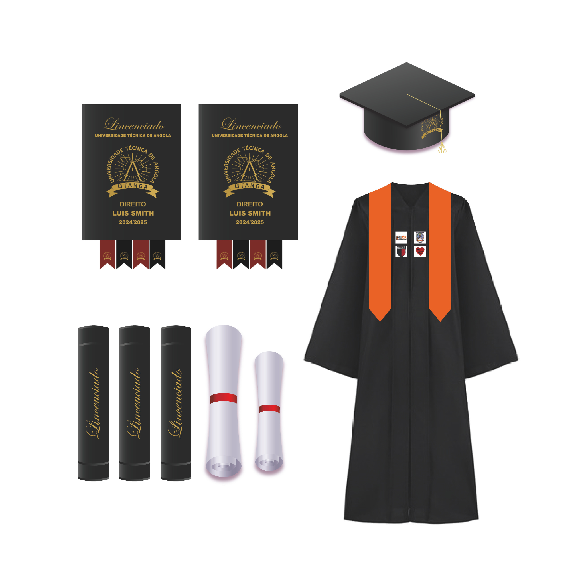 KIT DE OUTORGA (1 BECA / 1 CHAPEU / 1 FAIXA / 1 CINTO 1 CAPA DURA / 4 FAIXAS / 4 EMBLEMAS EM BORDADO)